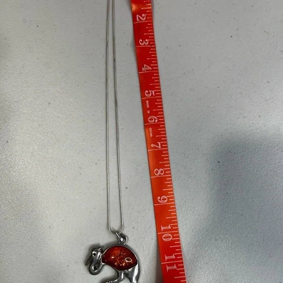 Flamingo Pendant Necklace with Amber Inlay - Silver Tone - Picture 3 of 4